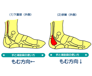 手と補助具の使い方もむ方向↑→